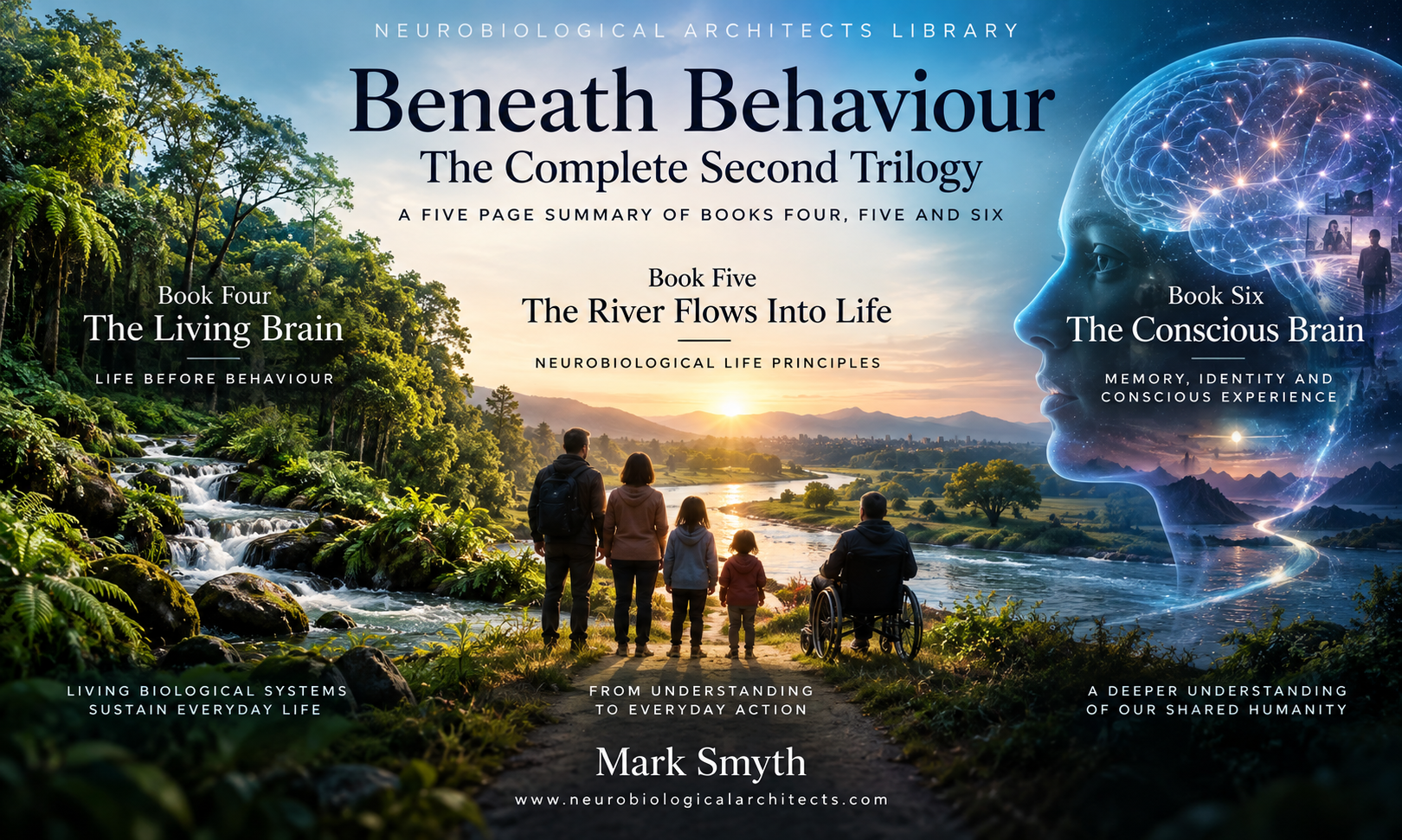 A connected landscape representing Beneath Behaviour: the living biological systems explored in Book Four, neurobiological life principles applied to everyday experience in Book Five, and memory, identity and conscious experience explored in Book Six.