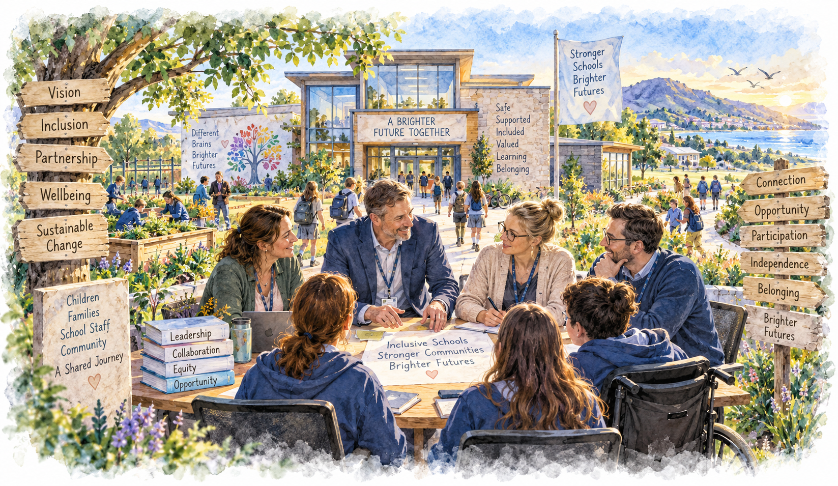 Watercolour of a collaborative school community with leaders, staff and students gathered around an inclusive school environment.