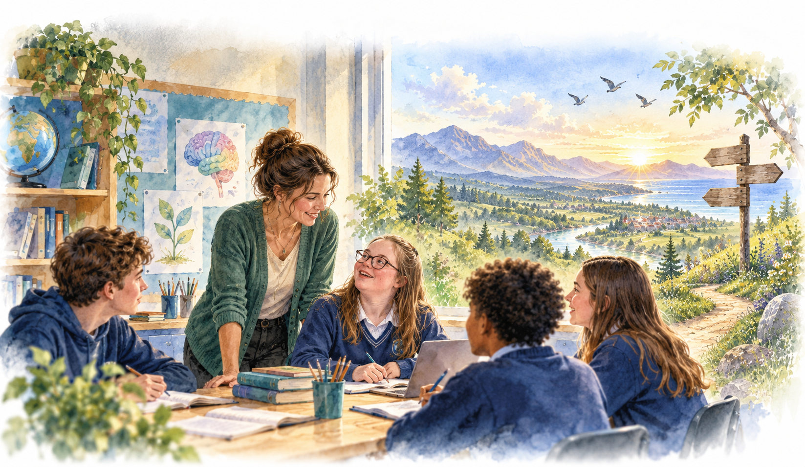 Watercolour of a teacher learning alongside students, with the classroom opening into a wider developmental landscape.