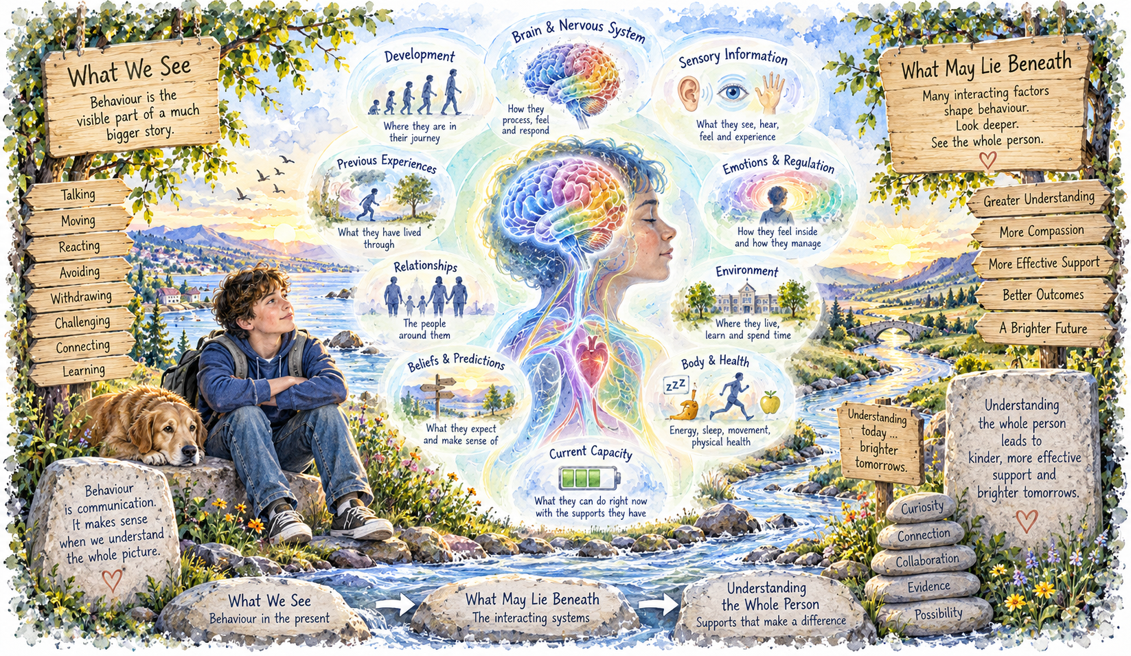 Watercolour showing visible behaviour within a wider whole-person picture of brain, body, development, experience, relationships, environment and current capacity.