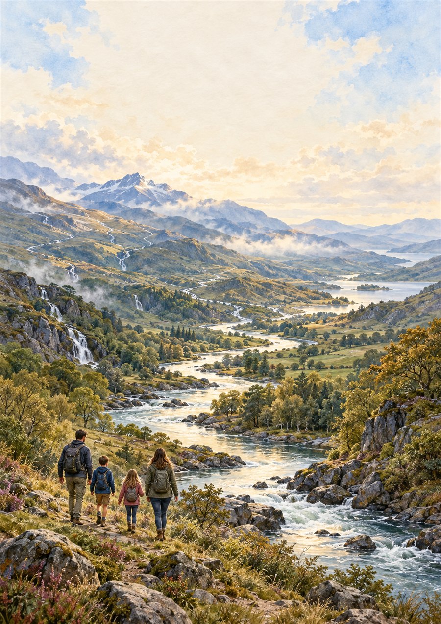 A family looking across a river landscape.