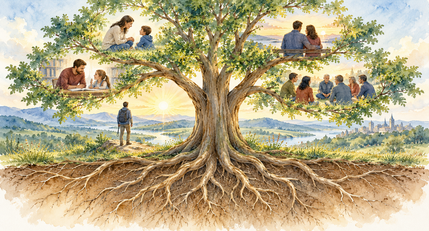 A large living tree with deep interconnected roots and scenes of everyday human relationships among its branches, representing how biological foundations extend into interaction, learning, relationships and everyday life.